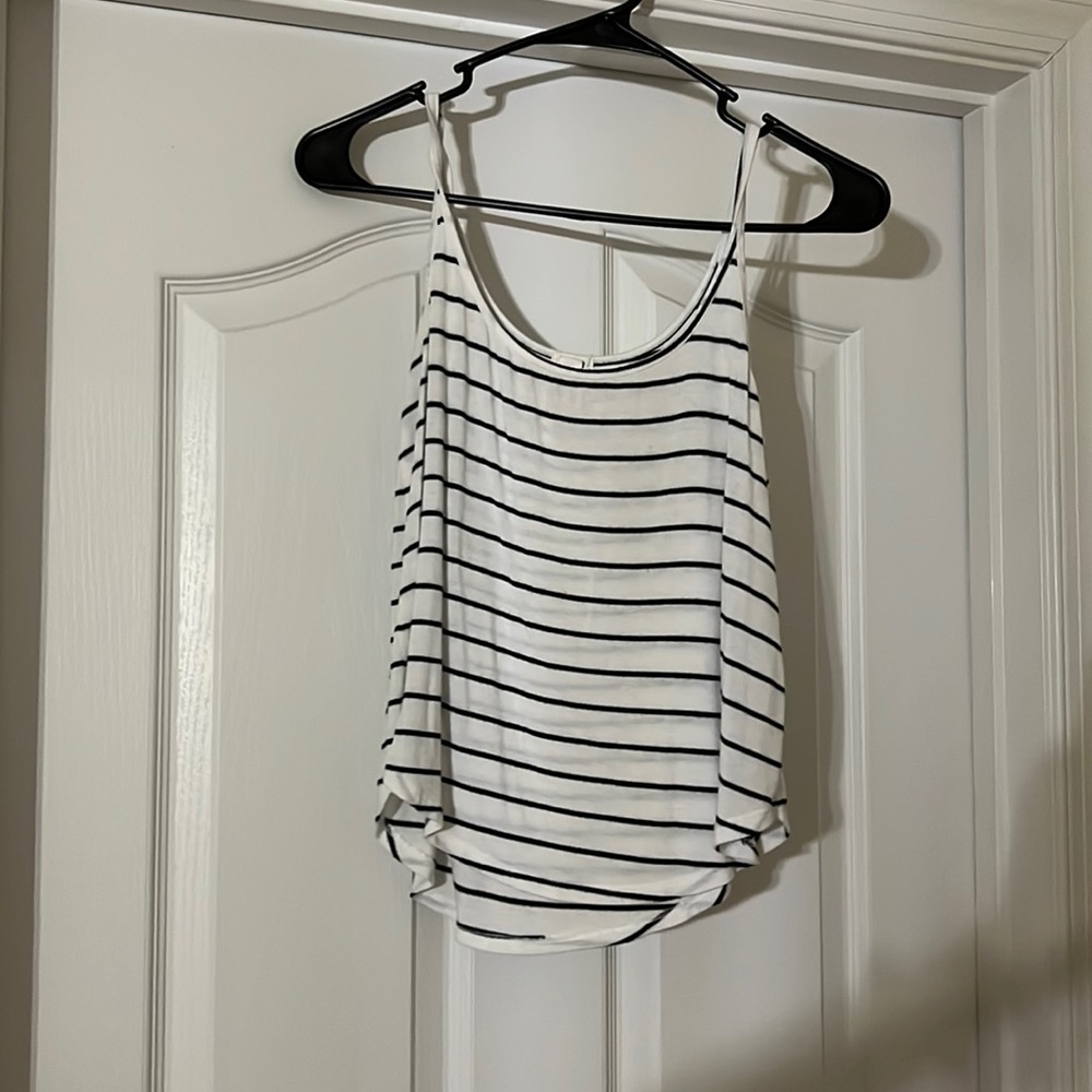 garage, slight high low spaghetti strap tank top black and white stripes